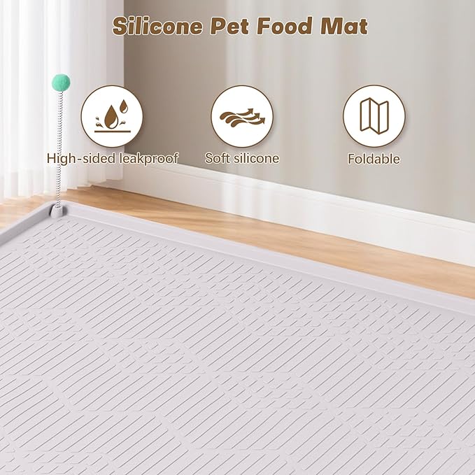 Cat Food Mat with Toy Ball, 34'' x 22'' Extra Large Silicone Pet Feeding Mat with Raised Edge Pet Placemat for Food and Water Bowl Non-Slip, Easy to Clean, Floor Protection (White)
