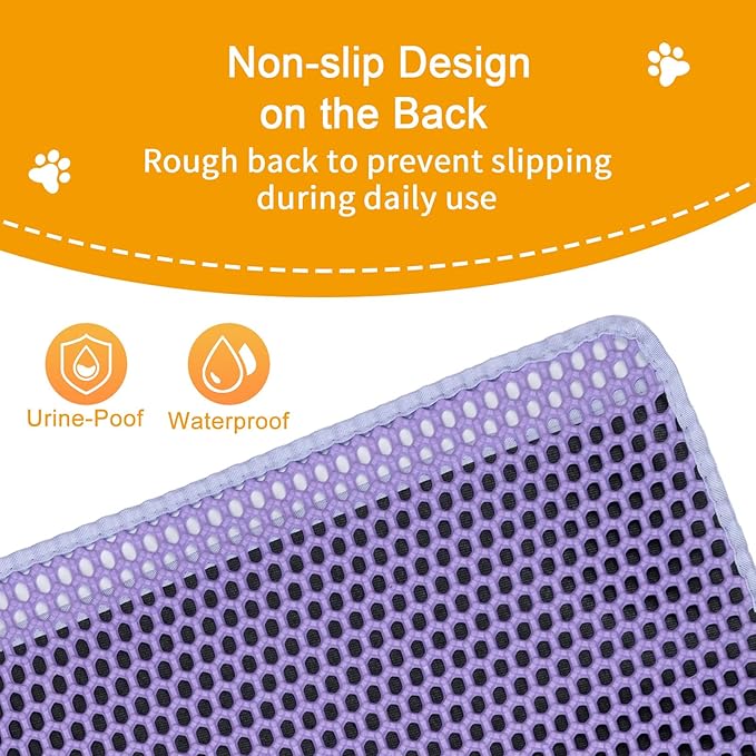 Cat Litter Mat Litter Trapping Mat,Cat Litter Box Mat 32"x22", 2 Layer Llitterbox Mat,Waterproof Urine Proof,Kitty Rug indoor Floor Pad,Purple,Collapsable, Medium
