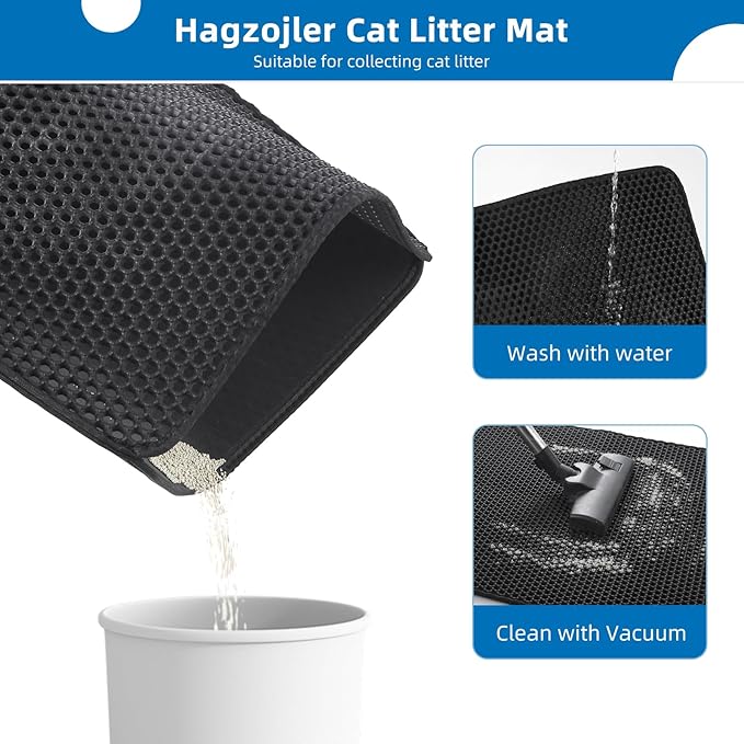 Cat Litter Mat for Indoor Cats Eva Double-Layer Litter Box Mat Washable for Easy Cleaning Cat Rug Collects Litter and Prevents Liquid Leakage (Black, 23.6×15.7inch)