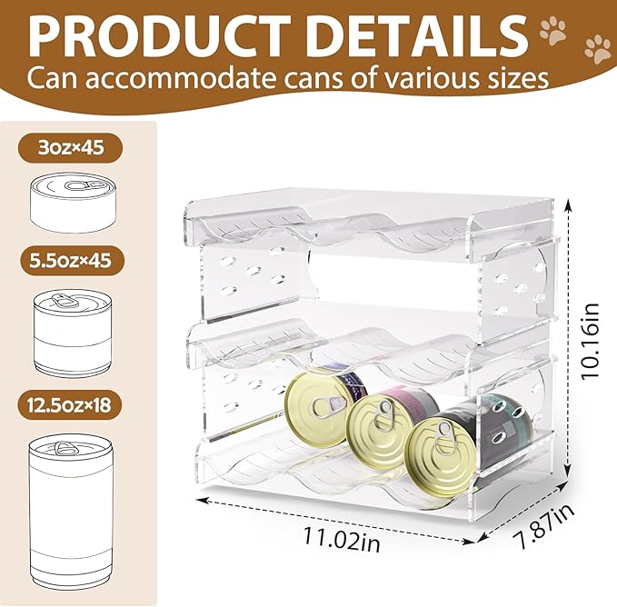 Cat Food Can Organizer, 3-Tier Cat Food Organizer, Transparent Can Organizer for Pantry, Canned Food Organizer Holds 45 (3oz) Cans, Pantry can Organizer