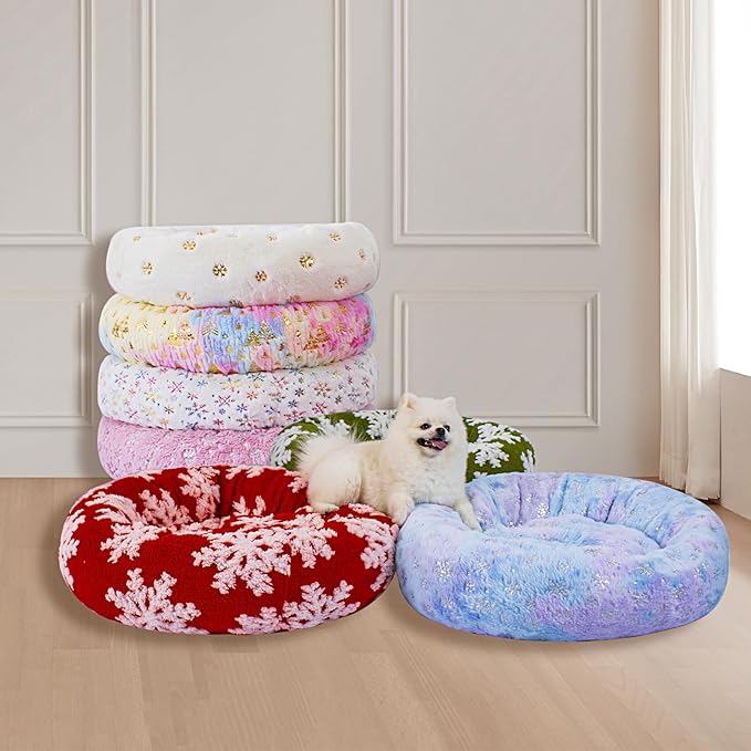 39 Inch Christmas Snowflakes Calming Dog Bed for Large Dogs, Round Anti-Anxiety Warm Bed, Soft Cozy Anti-Slip Donut Washable Pet Bed, Fits up to 100 lbs Pets