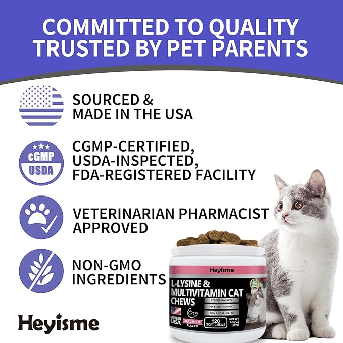 Lysine Supplement for Cats, Cat Treats for Sneezing and Runny Nose, Cold, Cat Immune Support, Eye Function, and Respiratory Health, L-Lysine cat Vitamins for Cats (120 Pills, Salmon)