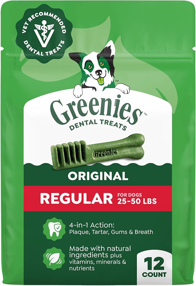 Greenies Veterinarian-Recommended Adult Natural Dental Dog Treats Regular Size, Dog Dental Chews, Original Flavor, 12 oz. Pack, 12 Count