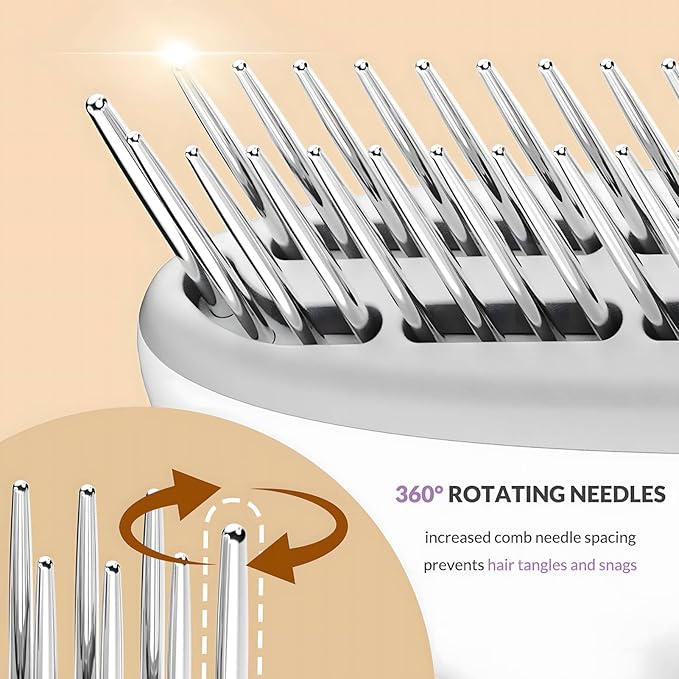 Self Cleaning Dog Deshedding Brush for Long Haired Dogs, 360° Rotating Comb Needles, Wider, Ergonomic Handle (White)