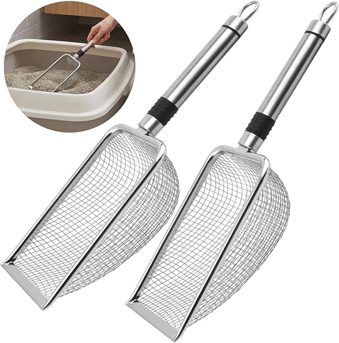 Chicken Poop Scooper 2 Pack, Stainless Steel Chicken Coop Scoop with 3.8mm & 5mm Mesh, Metal Litter Scoop for Chicken Coop Cleaning, Cat Litter Box and Sand