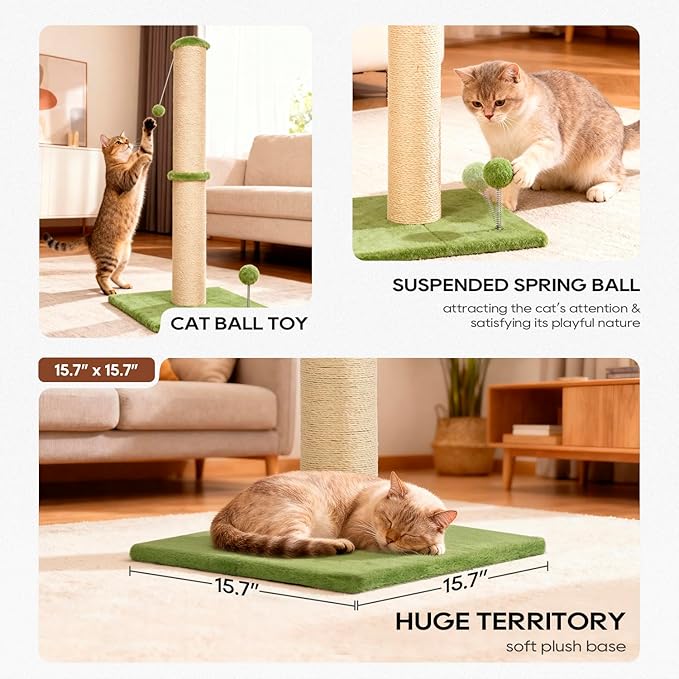 Dkelincs 33" Tall Cat Scratching Post Premium Sisal Kitten Scratcher with Hanging Ball for Indoor Cats, Cat Scratch Post for Living Room & Bedroom, Ideal for Cats at All Ages (Green, 33 Inch)