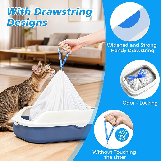 66 Count Jumbo Litter Box Liners 36" X 18",2mil Pre-Separated Cat Litter Bags with Heavy Duty Drawstring,Extra Thick Leakproof Cat Pan Liners for Kitty Box