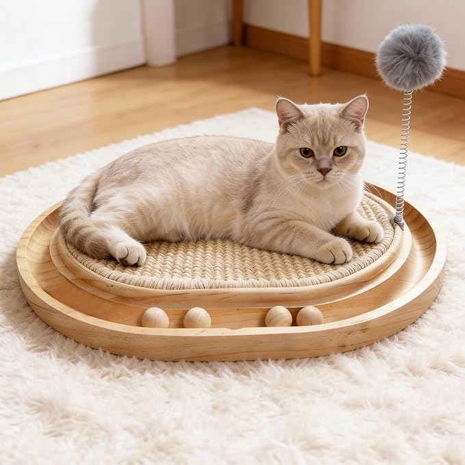 Natural Sisal Cat Scratcher Pad Wooden Interactive cat Toy with Ball Track Springs Ball for Chasing Hunting Physical Exercise Kitten Toys Cat Scratching Mat for Indoor Cats Furniture Protection