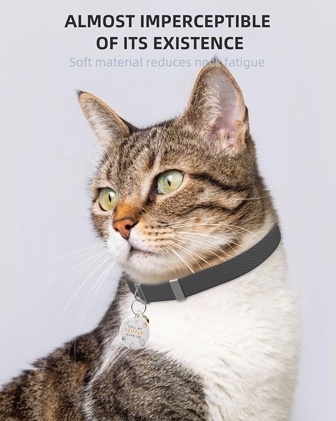 Cat Collar with QR Code Name Tag, Stretch Elastic Quick Release, Cat ID Tag Personalized, Ultra-Durable, Non Breakaway Lightweight Kitten Collar Fits Most Girl Boy Small Large Cats (Black)