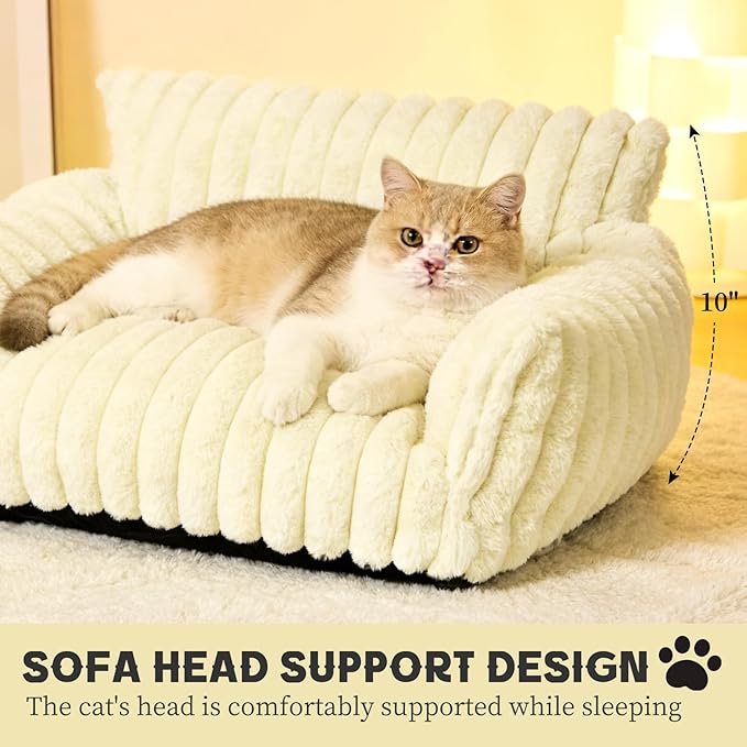 Pesonlook Cute Cat Couch for Pets - Fluffy Cat beds with Premium Soft Corduroy Fleece, Cozy Pet Sofa with Removable Washable Cover & Non-Slip Bottom, for Indoor Cats and Small Dogs, 24 Inch, Cream