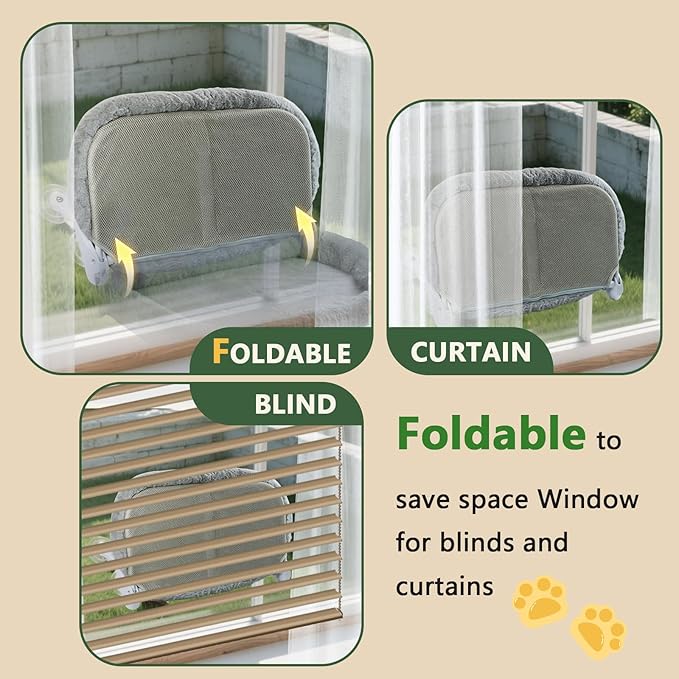 Cat Window Perch with 6 Strong Suction Cups,Mats That can be Switched Between Winter and Summer,Foldable Cordless Cat Beds Can Bear 50LBS Weight (Grey)