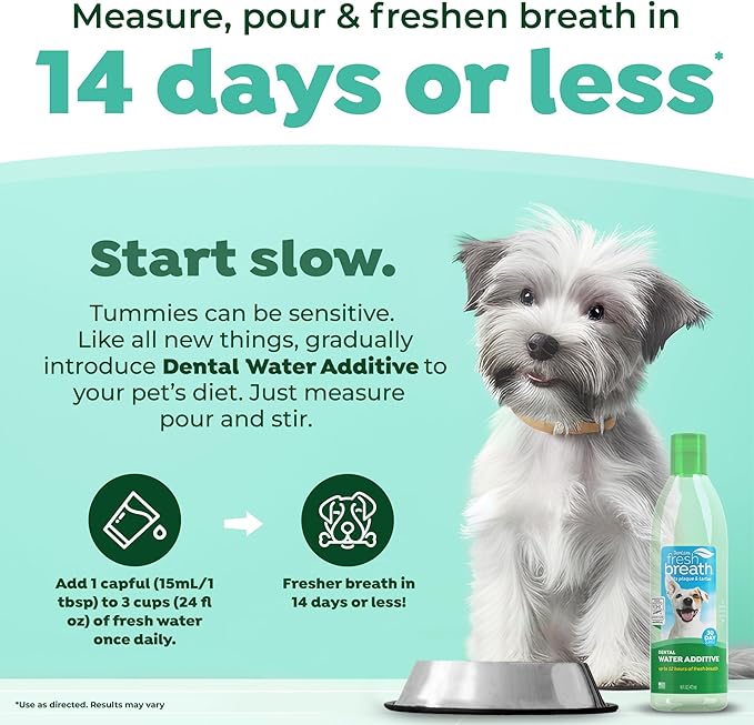 TropiClean Fresh Breath Water Additive for Dogs | Dog Breath Freshener & Teeth Cleaning Solution | No Toothpaste or Toothbrush Required | 8 oz