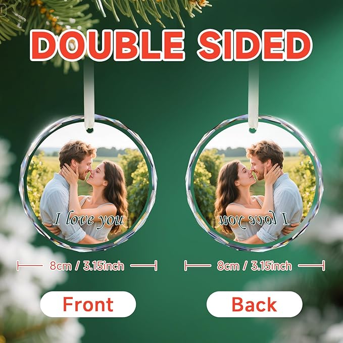 Personalized Christmas Ornaments with Photo - Custom Christmas Ornament - Customized Crystal Glass Christmas Tree Decor Gifts for Family, Couples, Friends, Pets, Baby