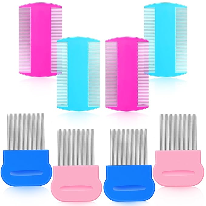 Maitys 8 Pieces Flea Lice Combs Double Sided Lice Cats Dogs and Nit Removal Hair Grooming Plastic and Metal Comb, Head Hair Comb for Pets and Humans(3.5 x 2 Inchrs, 3.54 x 1.57 Inches,Pink, Blue)
