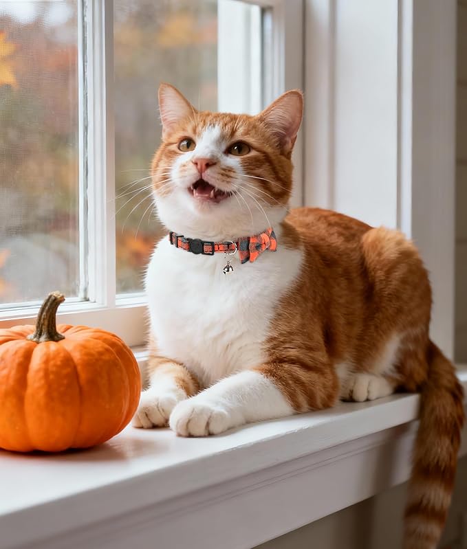 Joytale Upgraded Cat Collar with Bells, Breakaway Cat Collars with Bow Tie, 1 Pack Girl Boy Safety Plaid Kitten Collars, Orange