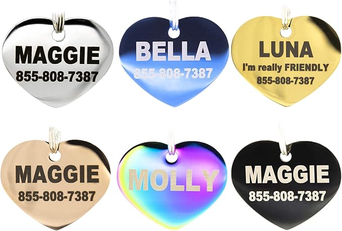 Engraved Dog Tags Personalized - Stainless Steel Engraved Dog Cat ID Tags Front & Back up to 8 Lines of Text Color Plating Gold, Rose Gold, Blue, Black, Nebula Heart Regular