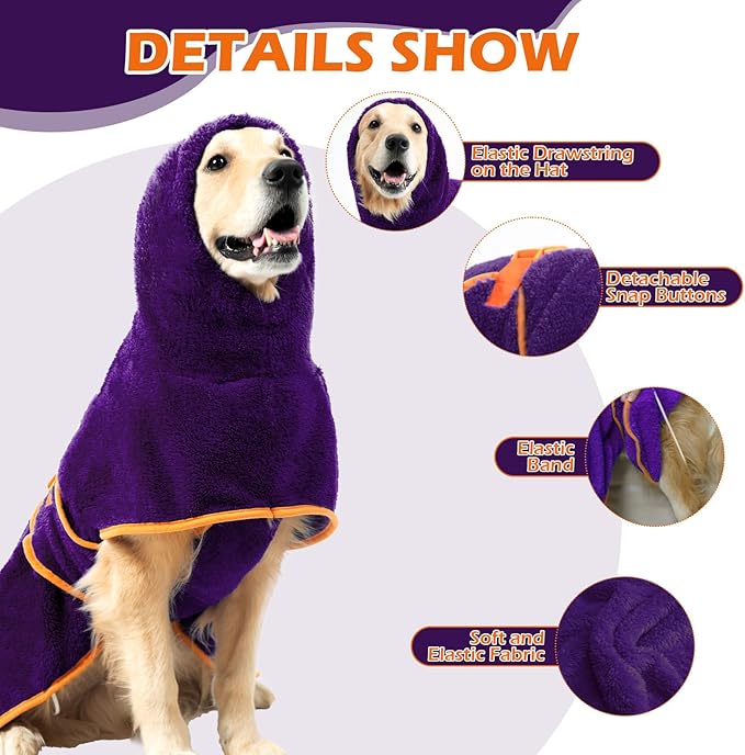EXPAWLORER Soft Dog Bathrobe with Hood, Super Absorbent & Quick-Drying Dog Towels, Cozy Drying Coat for After Bath,Swimming, Purple XL