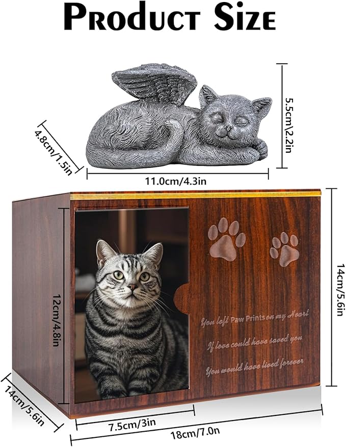 Cat Urn for Ashes - Large Wooden Texture Acrylic Memorial Urn with Angel Cat Statue, Pet Urns for Cats Ashes Keepsake Box - Sympathy Remembrance Gift for Loss of Beloved Pet Urns for Cats