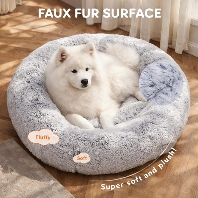Dog & Cat Bed for Indoor Cats, 37in Calming Donut Pillow mat for Puppy and Kitten, Washable Cooling Round Fluffy Pet Nest for Small Medium Dogs and Cats, Light Grey