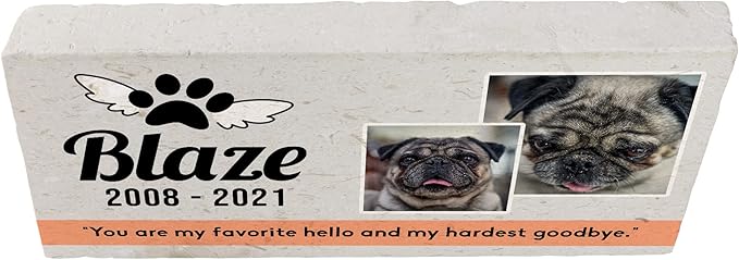 Personalized Pet Memorial with Keepsake Photo on Limestone - Headstones, Garden Stones, and Grave Markers for Dogs - Dog Memorial Stone, Pet Memorial Gifts - 12”x 6”x1.25" C (C. Blaze Design)