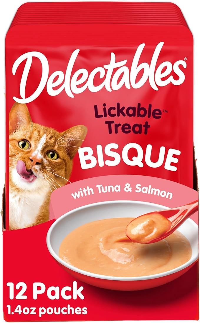 Delectables Lickable Treat Bisque Wet Cat Treat with Real Tuna & Salmon, Food Topper, Hydrating, Grain-Free, No Fillers, No by-Products, No Added Preservatives, 1.4oz Pouch, 12ct