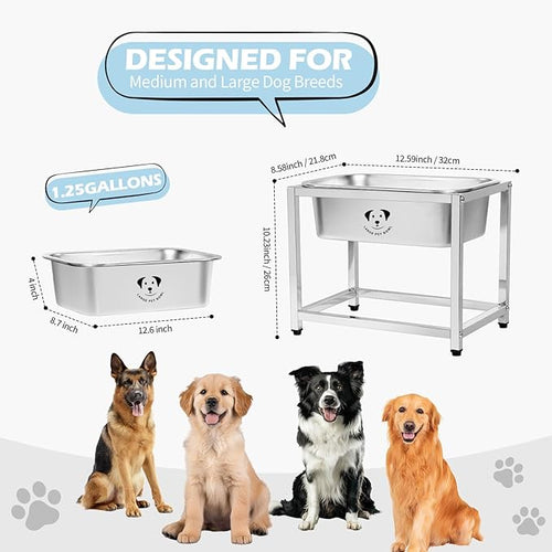 1.25 Gallon Elevated Large Dog Water Bowl, 10.23" Raised Stainless Steel Bowl for Medium Large Breed, Elevated Dog Water Bowl with Full Metal Stand, Easy to Clean and Assemble for Indoor Outdoor