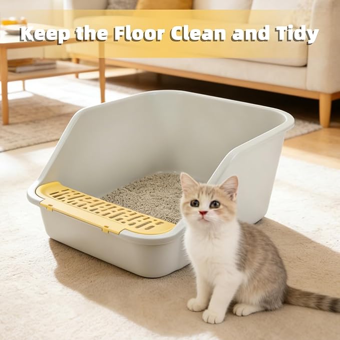 Large Cat Litter Box with High Sides,Cat Litter Pan for Indoor Big Cats,Open Top High Wall Kitty Litter Box with Low Entry for Kitten & Senior Cat,Easy to Clean,Anti-Splashing (Grey)