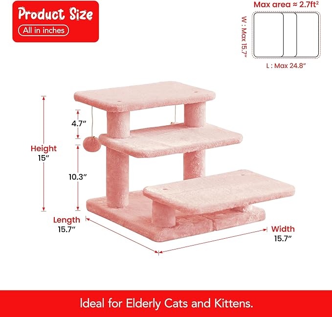 15''H Multi-Step Pet Stairs for High Beds & Sofas, 3-Step Cat Stairs with 2 Toy Balls, Wide Boards for Indoor Kittens Dogs Pets Climbing, Pink