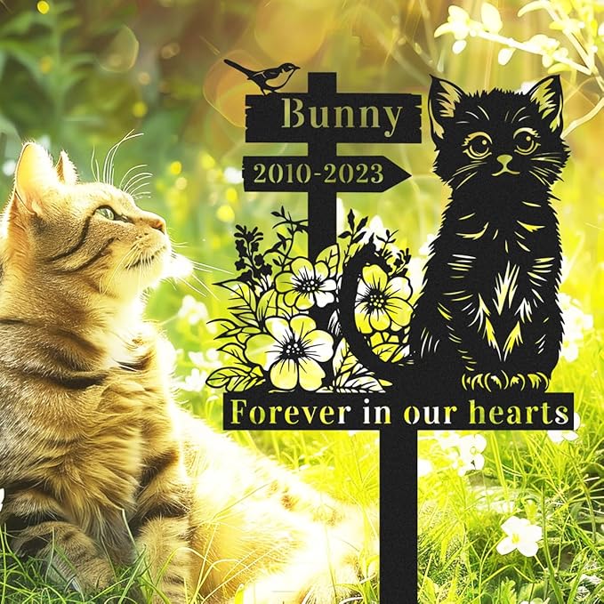 Custom Flowers Cat Memorial Garden Stake Personalized Bird Cat Memorial Grave Marker,Metal Cat Memorial Stake Yard Sign for Garden Lawn Cemetery,Customized Cat Memorial Plaque Burial Stake