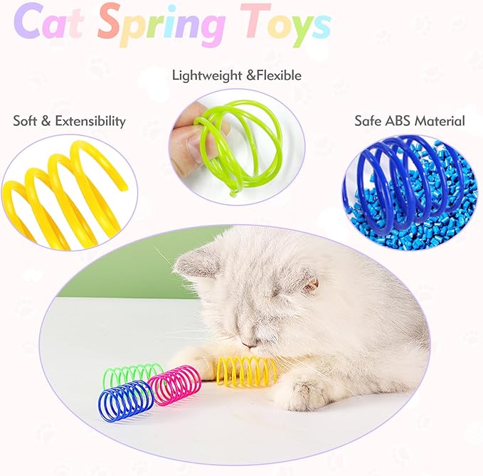 WRW 40 Pack Cat Springs Toy, Plastic Coil Spiral Springs for Indoor Cats, Interactive Cat Spring for Kittens Swatting, Biting, Hunting Kitten Toys（4 Colors）