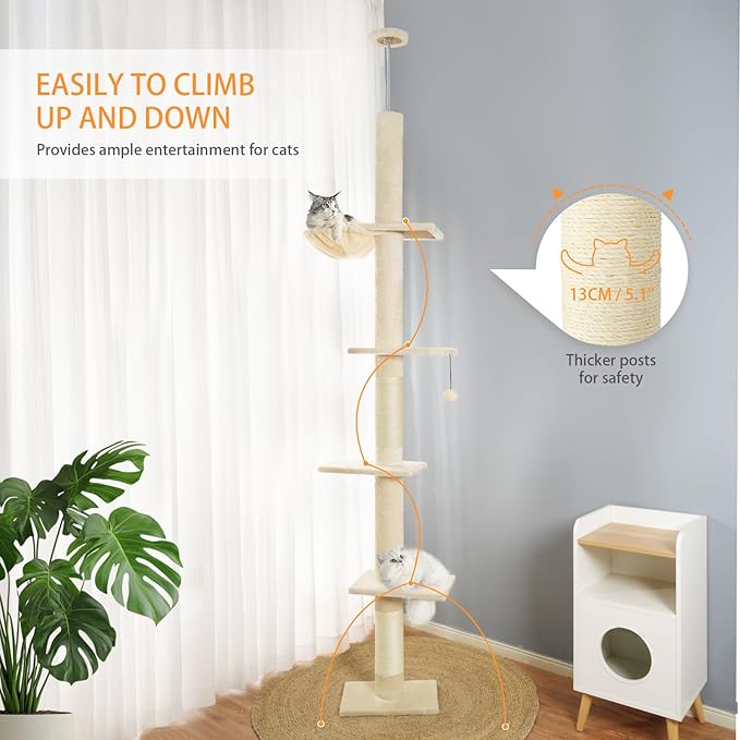 Floor to Ceiling Cat Tree,5 Tiers Tall Cat Tower with Adjustable Height(98-110),Cat Tree Floor to Ceiling with Cozy Hammock,Sisal Scratching Posts,Platforms,and Hanging Balls for Large Cats