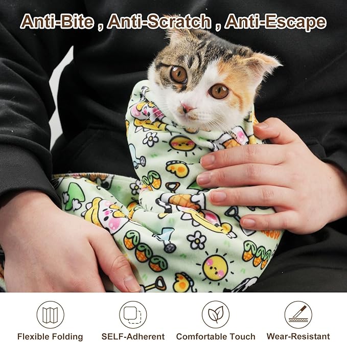 35.5" Extra Large Cat Grooming Wrap – Anti-Escape Cat Wrap for Cutting Nails, Brushing & Medication – Soft, Comfortable, Reusable, Self-Adhering, Holds Cats Up to 22lbs (Cow Corn)