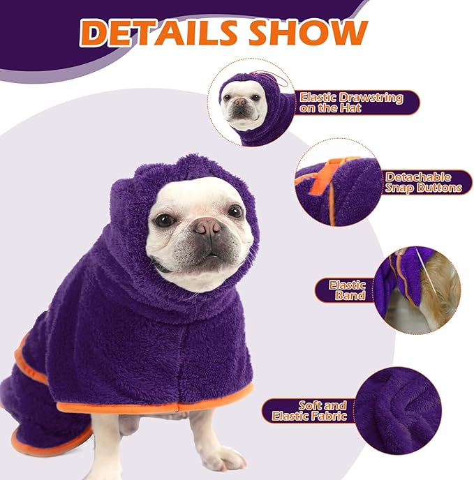 EXPAWLORER Soft Dog Bathrobe with Hood, Super Absorbent & Quick-Drying Dog Towels, Cozy Drying Coat for After Bath,Swimming, Purple M