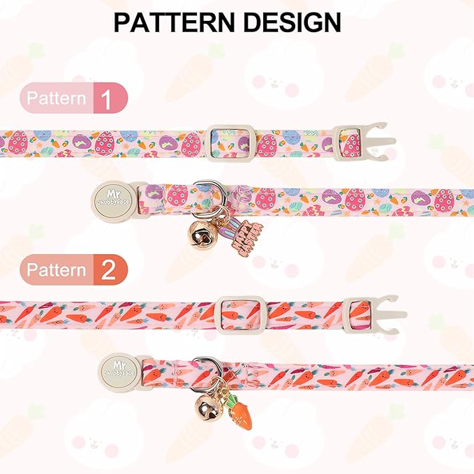 2 Pack Easter Cat Collar, Colorful Carrot& Carrot Egg Pattern Kitten Breakaway Collar,Adjustable Durable Easter Collar with Bell&Pendent for Female Male Cat