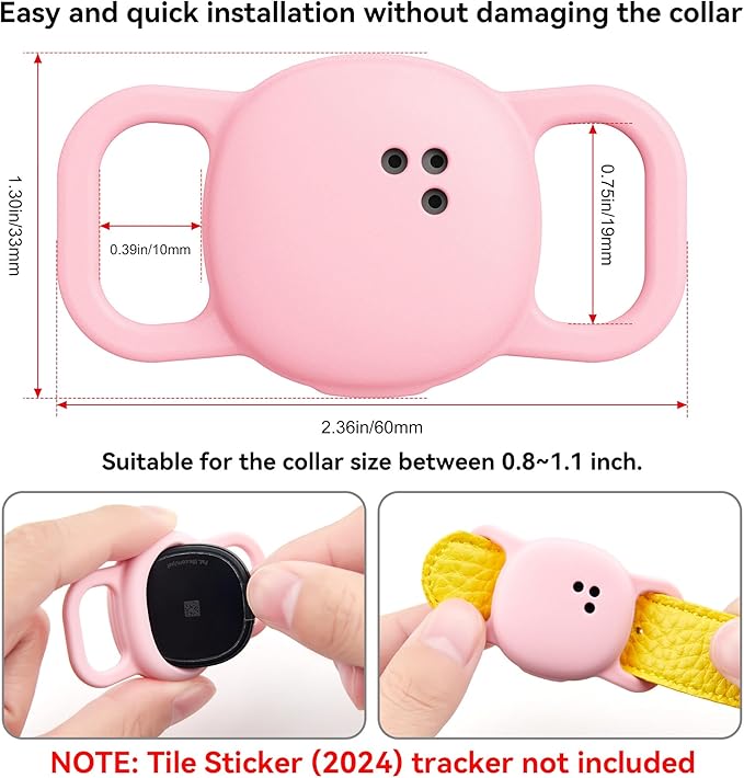 DDJ Cat Collar Case for Life360 Tile Sticker Tracker, 2-Pack Silicone Anti-Lost Protective Cover for Life 360 Tile Sticker Holder for Dog/Pet Collars, Durable, Easy Installation, Lightweight, Pink