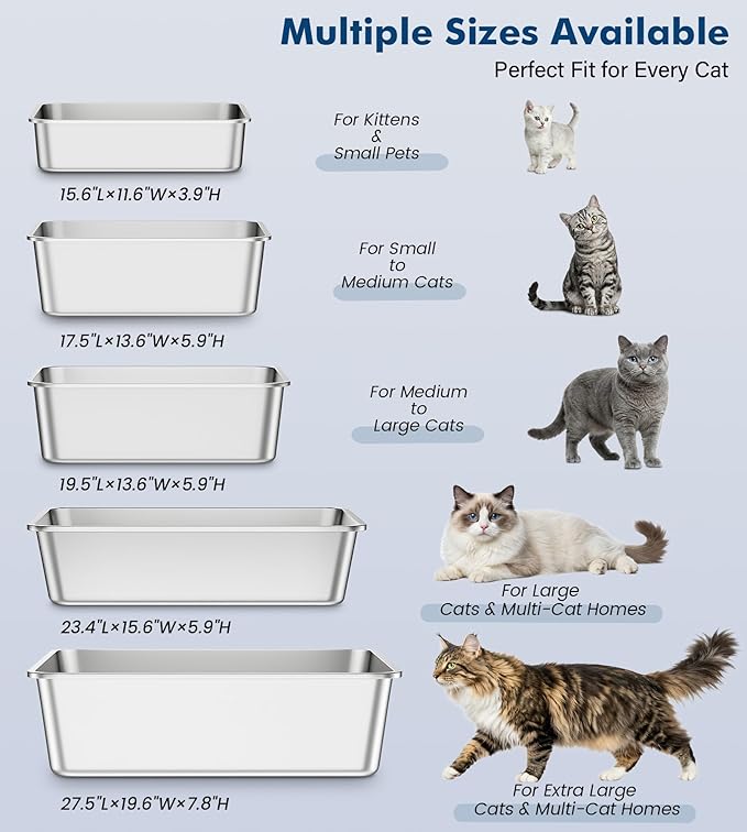 Stainless Steel Metal Litter Box with Handle, Extra Large Cat Litter Box with High Sides, Odor-Free, Non-Stick, Easy to Clean, 23.4"×15.6"×7.8", Ideal for Large Cats & Multi-Cat Households