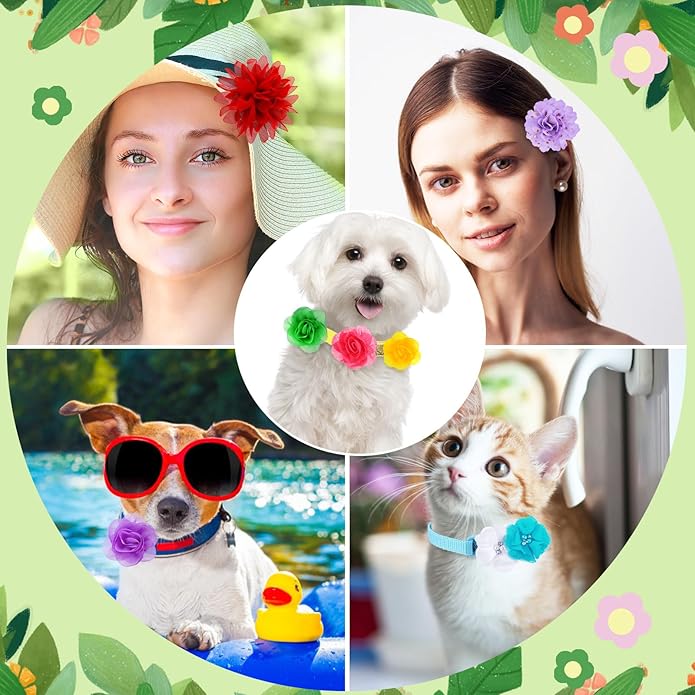 Sadnyy 120 Pcs Dog Collar Flower Bow Accessories Bulk Multi Color Dog Charms Bow Tie Soft Chiffon Pet Flower Bows Charms for Small Medium Large Puppy Dogs Cat Grooming 6 Different Designs