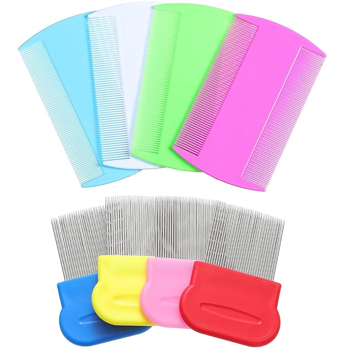 Maitys 8 Pieces Flea Lice Combs Double Sided Lice Cats Dogs and Nit Removal Hair Grooming Plastic and Metal Comb, Head Hair Comb for Pets and Humans(4 x 2 Inches, 2.24 x 2.24 Inches,Novel)