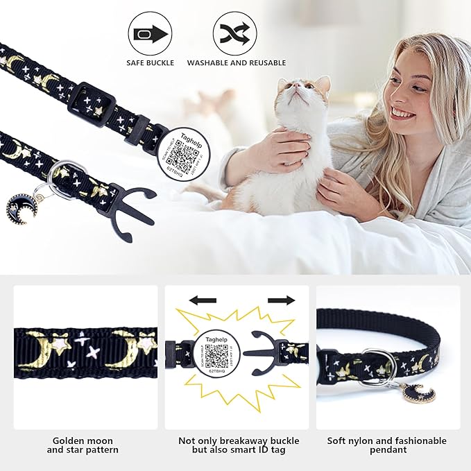 Smart Safety Cat Collar 2-Pack: Luminous Night Glow & QR Code Pet ID Tag, Breakaway Reflective Adjustable Collar (7.5-12.5”) for Indoor/Outdoor Cats, Purple