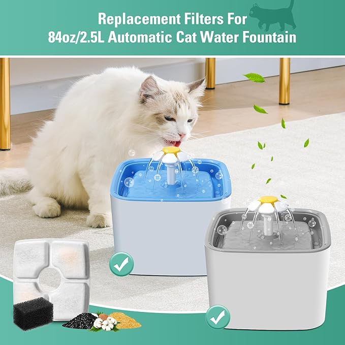 4 Pack Replacement Filters & Pre-Filter Sponges for 84oz/2.5L Automatic Pet Fountain, BFLICROY Cat Water Fountain Filter, Triple Filtration Pet Fountain Replacement Filters