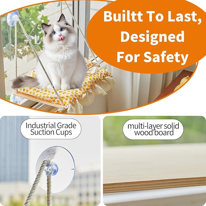Cat Window Perch, Heavy Duty 20KG/44LB Suction Cup Hammock Bed with Soft Cushion, Secure & Stable Window Mount for Lazy Time, Bird Watching, Safe for Large Cats, 18.9"x14.5" (Little Bear)