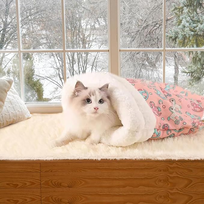 AMIITRY Cat Sleeping Bag, Self Warm Pet Bed Cave Bag for Indoor Cats, Cat Cave Bed 360° Wrap, 21.6 x 17.7X 12.9 Inches (Pink)