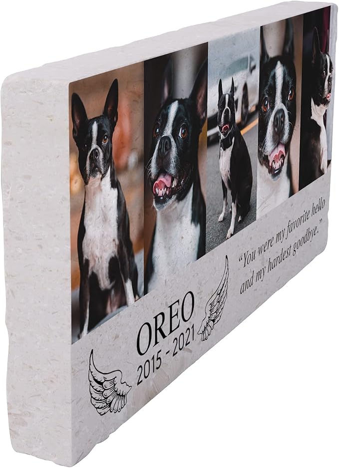 Custom Dog Memorial Stone, Personalized Pet Headstones for Dogs, Outdoor Pet Grave Markers with Photo Print and Text, Loss of Pet Sympathy Gift, 12”x6”x1.25" Pet Grave Stone (B. Oreo Design)
