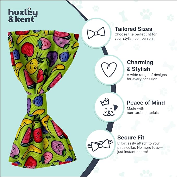 Huxley & Kent Pet Bow Tie for Dogs & Cats - Adjustable Hook & Loop Collar Accessory - Cute & Comfortable for Holidays & Celebrations - Tutti Fruity, Large