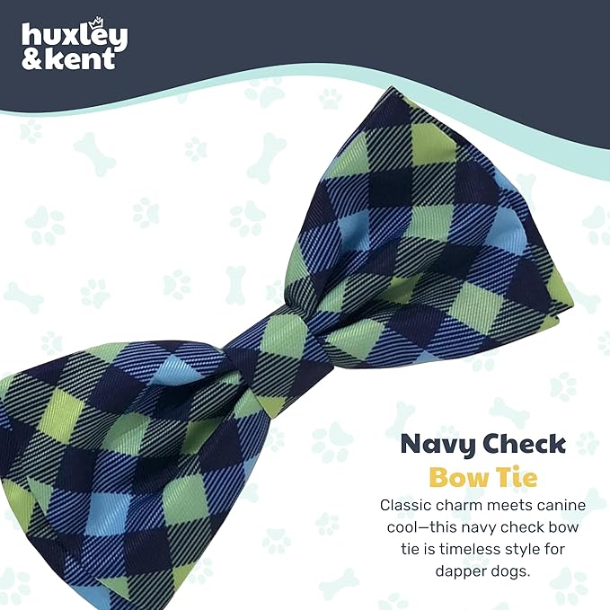 Huxley & Kent Pet Bow Tie for Dogs & Cats - Adjustable Hook & Loop Collar Accessory - Cute & Comfortable for Holidays & Celebrations - Navy Check, Large