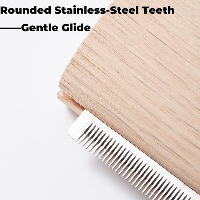 French Bulldog Brush for Shedding – Palm-Grip Wooden Deshedding Comb for Short Hair Dogs, Fine Stainless-Steel Teeth, Curved Body for Face/Neck/Chest, Easy-Rinse Grooming, Bath & Dry Use