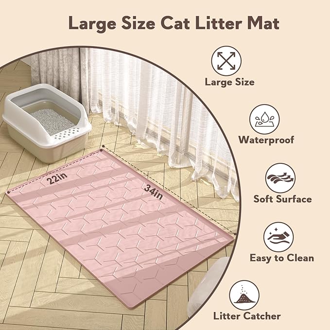 Silicone Cat Litter Trapping Mat, Large Waterproof 34" X 22" Cat Litter Box Mat, Easy to Clean, Pink