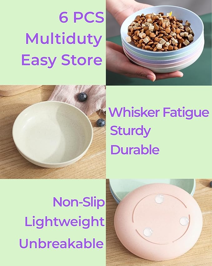 6-Pack Cat Food Bowl with Non-Slip Feet, Whisker Fatigue Cat Dishes for Food, Plastic Cats Bowls Set for Multi-Cats Homes, 5.5" Wide Shallow Relief Kitten Bowls BPA-Free, Dishwasher Safe