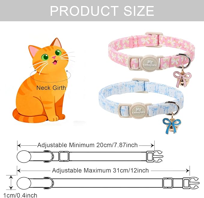 2 Pack Cat Collar, Cute Pink&Blue Bowtie Pattern Breakaway Kitty Collar with Bell&Pendent for Male and Female, Adjustable Holiday Kitten Collar for Boy&Girls