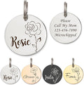 Anavia Floral Pet ID Tags, Birth Month Flowers Theme Dog Tag Round Bone Shape Cat Name Tag, Glossy Stainless Steel Gold Plated Dog Collar Tag (Round - Single Stem - Silver, Large)